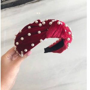 Wine Red Velvet Top Knot Pearl Embellish Headband